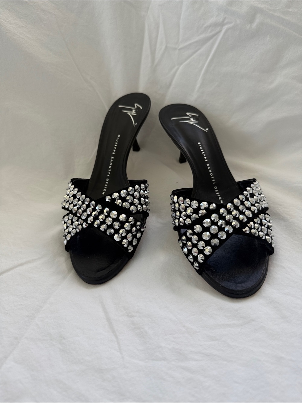 Giuseppe Zanotti Black Crystal-Embellished Cross Strap Slide Heels